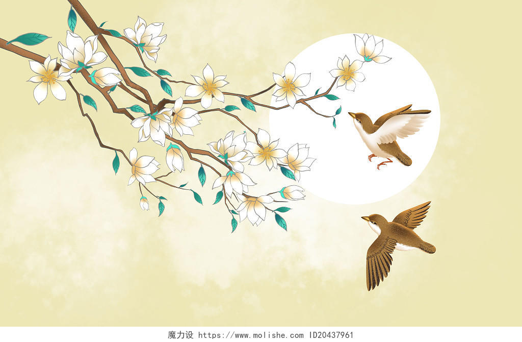 手绘水彩古风植物动物原创插画海报古风中国风唯美植物